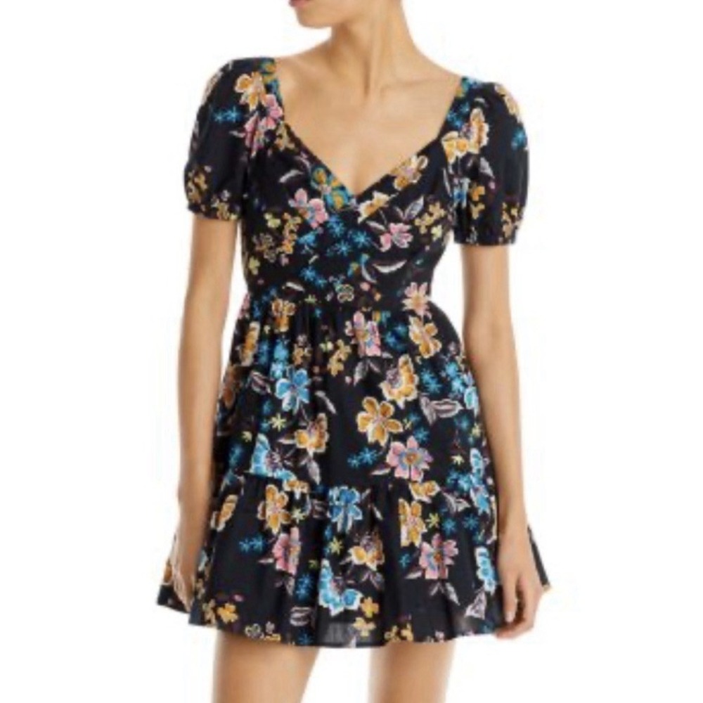 AQUA Women Floral Puff Sleeve Cutout Back Tiered Mini Dress Black Small